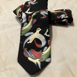 Vintage Ed Hardy men’s tie black dragon serpent design 100% silk tie 90s YK